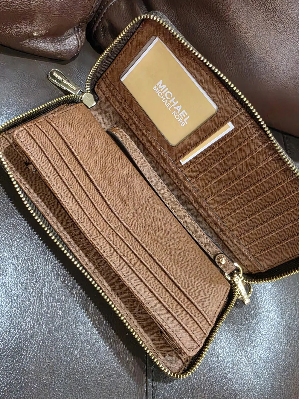 Michael Kors Brown Leather Zip Wallet with Gold Hardware Wristlet